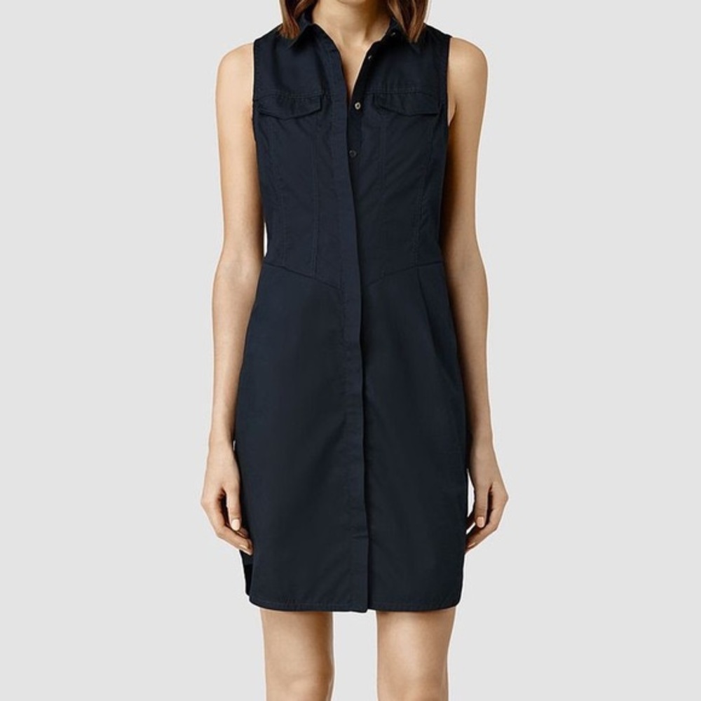 All Saints Navy Blue Sleeveless Shirt Dress 0 34 XS